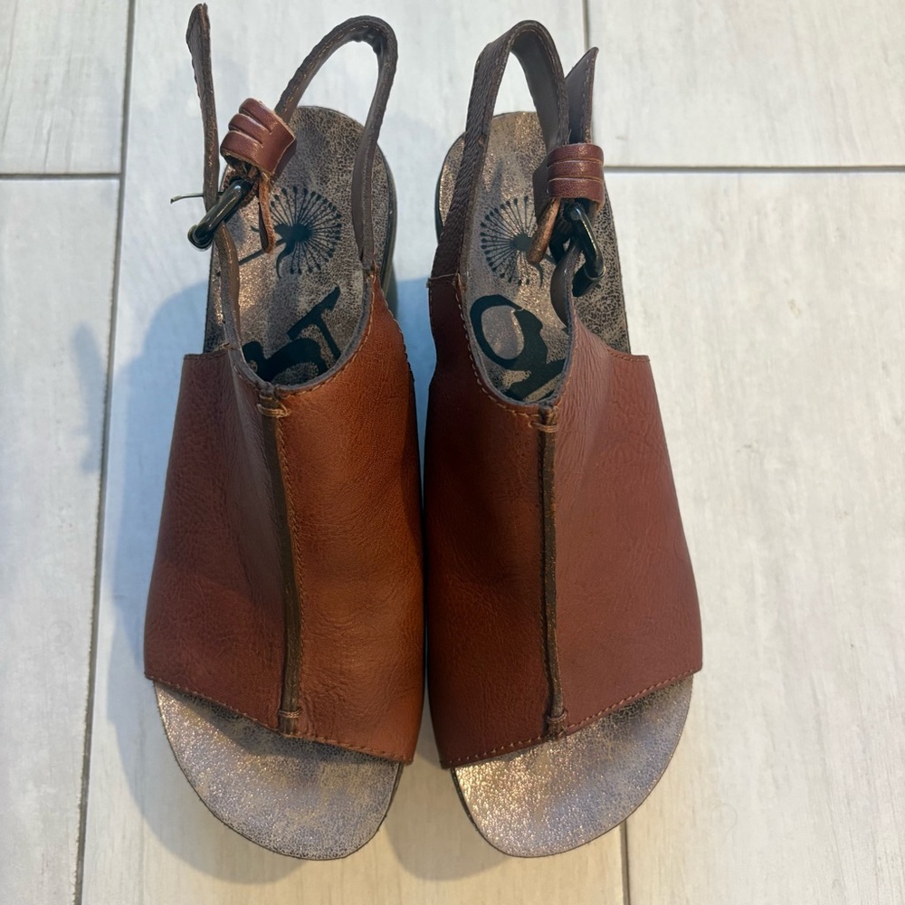 Otbt Leather Platform Sandals Wedges Cognac Brown Peep Toe Slingback 6.5 Boho - Picture 5 of 10